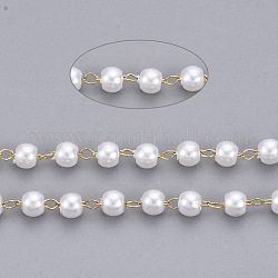 Chaînes en perles d'imitation imitation plastique abs faites main, soudé, avec 304 chaîne et bobine en acier inoxydable, blanc crème, or, lien: 2.5x1.5x0.3 mm, environ 65.61 pied (20 m)/rouleau
