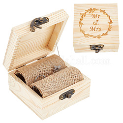 Quadratische Aufbewahrungsboxen für Fingerringe aus Holz, Ring-Geschenketui mit Gravur „Mr & Mrs“ und Jutematte, Zitronen-Chiffon, 9.6x9x5 cm