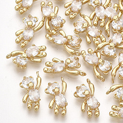 Brass Cubic Zirconia Charms, Bear, Clear, Real 18K Gold Plated, 12x6x3mm, Hole: 1mm