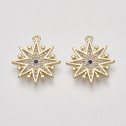 Brass Micro Pave Cubic Zirconia Pendants, Snowflake, Clear & Blue, Nickel Free, Real 18K Gold Plated, 18.5x17x1.5mm, Hole: 1.2mm