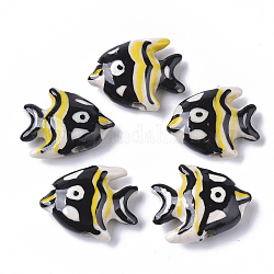 Perles en porcelaine manuelles, famille rose de style, poissons tropicaux, noir, 18~19x21~23x7.5mm, Trou: 1.6~2mm
