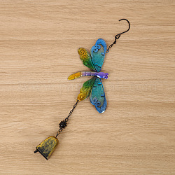 Dragonfly Glass Wind Chimes, Pendant Decorations, with Iron Findings, Dodger Blue, 380x105mm