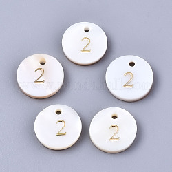 Natural Freshwater Shell Charms, Flat Round with Gold Blocking Number, Num.2, 11x2mm, Hole: 1.5mm