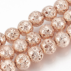 Electroplated Natural Lava Rock Beads Strands, Round, Bumpy, Rose Gold Plated, 12~13mm, Hole: 1mm, about 31pcs/strand, 15.7 inch