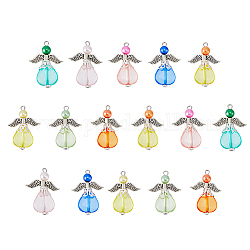 SUPERFINDINGS 6 Sets Acrylic Pendants, with Tibetan Style Alloy Findings, Angel, Mixed Color, 30x23x6mm, Hole: 3mm, 8pcs/set