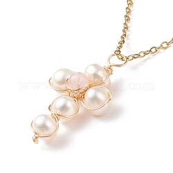 Collana con pendente a croce intrecciata in quarzo rosa naturale e perle, 304 gioielli avvolgenti in filo di acciaio inossidabile per le donne, 17.72 pollice (45 cm)