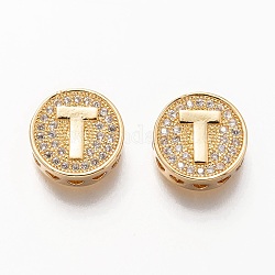 Eslabones de múltiples hebras de circonita cúbica micro pavé de latón chapado en oro, plano y redondo con la letra, letter.t, 12x4.5mm, agujero: 2 mm