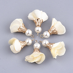 Colgantes de hierro, Con tela y abs plástico imitación perla., flor, dorado, crema, 25~32x15~25mm, agujero: 1~4 mm