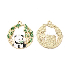 Alloy Enamel Pendants, Cadmium Free & Nickel Free & Lead Free, Golden, Flat Round with Bamboo and Panda Charm, Black, 28x25x1.3mm, Hole: 2mm