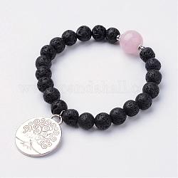 Bracelets avec breloque en alliage, avec des perles de pierre de lave naturelle et du quartz rose, 2-1/8 pouce (54 mm)