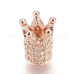 Brass Micro Pave Cubic Zirconia Beads, Crown, Clear, Real Rose Gold Plated, 10x8mm, Hole: 1.4mm