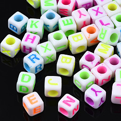 Perles en acrylique de style artisanal, cube, couleur mixte, lettres mixtes aléatoires, 6x6x6mm, Trou: 3mm, environ 2995 pcs/500 g
