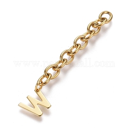 304 extensor de cadena de acero inoxidable, con cadena de cable y dijes de letras, dorado, carta.w, letra w: 11x11.8x0.7 mm, 67.5mm, link: 8x6x1.3 mm