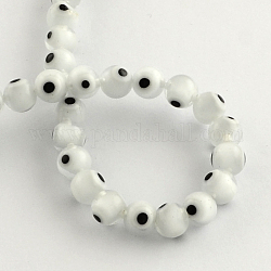 Perles rondes vernissées de mauvais œil manuelles, blanc, 6mm, Trou: 1mm, Environ 64 pcs/chapelet, 14.1 pouce
