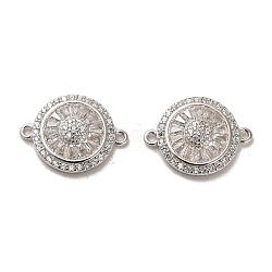 925 Sterling Silver Connector Charms, with Clear Cubic Zirconia, Flat Round with 925 Stamp, Real Platinum Plated, 13x17x4mm, Hole: 1.2mm