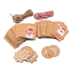 Etiquetas de regalo kraft con patrón temático navideño, mostrar tarjetas con cuerda, rectángulo y flor y copo de nieve, Perú, tarjeta: 120pcs / bolsa, cuerda: 20m/bolsa