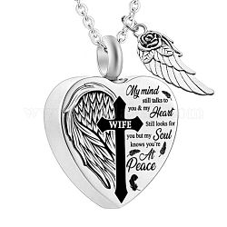 Heart and Wing Urn Ashes Pendant Necklace, Cross with Word Wife 316L Stainless Steel Memorial Jewelry for Men Women, Word, 18.9 inch(48cm)