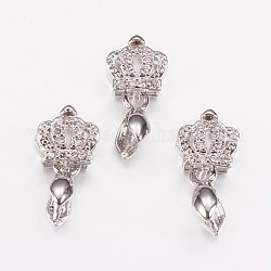 Long-Lasting Plated Brass Micro Pave Cubic Zirconia Ice Pick Pinch Bails, Crown, Real Platinum Plated, 16mm, Hole: 2x4mm, Pin: 0.6mm