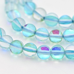 Chapelets de perles rondes en pierre de lune synthétique, perles holographiques, teinte, lumière bleu ciel, 8mm, Trou: 1mm, Environ 45~47 pcs/chapelet, 14~15 pouce