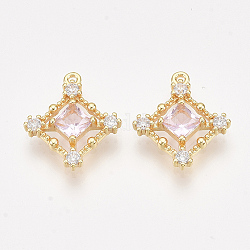 Brass Cubic Zirconia Pendants, Real 18K Gold Plated, Nickel Free, Rhombus, Pink, 15.5x13.5x3mm, Hole: 1mm, Diagonal Length: 15.5mm, Side Length: 10.5mm