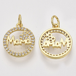 For Mother's Day, Brass Micro Pave Cubic Zirconia Pendants, with Jump Rings, Flat Round with Word Mama, Clear, Real 18K Gold Plated, 15x13x2mm, Hole: 3mm, Ring: 5x1mm