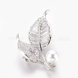 Brass Cubic Zirconia Brooches, with Acrylic Pearl, Leaf, Platinum, 51x26.5mm