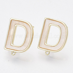 Brass Stud Earring Findings, with Shell and Loop, Nickel Free, Letter D, Creamy White, Real 18K Gold Plated, 16x12mm, Hole: 1mm, Pin: 0.8mm