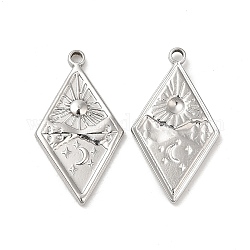 304 Stainless Steel Pendants, Rhombus with Sun & Star Charm, Stainless Steel Color, 25.5x14x2mm, Hole: 1.6mm