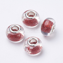 Resina perline europei, perline con foro grande, con polvere glitterata e doppio nucleo in ottone color platino, rondelle, rosso, 14x9mm, Foro: 5 mm