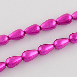 Spray Painted Glass Beads Strands, teardrop, Magenta, 13x8mm, Hole: 1mm, about 60pcs/strand, 30.7 inch