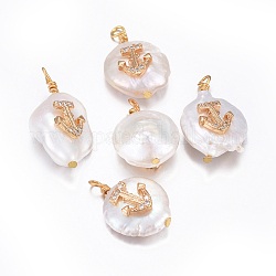 Pendentifs de perles d'eau douce de culture naturelle, avec accessoires zircon cubique micro pave en laiton, pépites avec ancre, or, clair, 17~26x11~16x5~11mm, Trou: 1.6~2mm