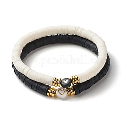 Heart Pattern Beads Stretch Bracelets Set for Women, Polymer Clay Heishi Beads Surfer Bracelet, White & Black, Gold, Inner Diameter: 2-1/4 inch(5.8cm), 2pcs/set