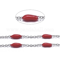 Handmade Emaillemetallketten, mit Edelstahl Bordsteinketten und Spule, gelötet, Edelstahl Farbe, rot, 1.5x1x0.1 mm, ca. 32.8 Fuß (10m)/Rolle