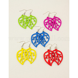 Fashion Wood Earrings, with Brass Earring Hooks, Mixed Color, Leaf, 65mm
