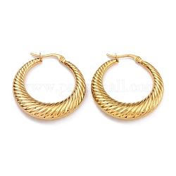 304 Stainless Steel Hoop Earrings, Hypoallergenic Earrings, Textured, Double Horn/Crescent Moon, Real 24K Gold Plated, 34x6mm, Pin: 1mm