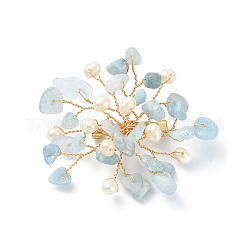 Éclats d'aigue-marine naturelle et broche de fleur perlée de perle, Épinglette dorée 304 en fil d'acier inoxydable pour femme, 45~55x55~60x10mm