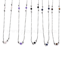 304 inoxydable colliers de perles d'acier, avec des perles rondes en pierres précieuses naturelles et synthétiques et des chaînes forçats, couleur inoxydable, 25.98 pouce (66 cm)