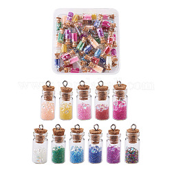Glass Wishing Bottle Pendant Decorations, with Resin Rhinestone and Glass Micro Beads inside, Cork Stopper and Platinum Iron Screw Eye Pin Peg Bails, Mixed Color, 28~29x11mm, Hole: 2mm, 11 colors, 6pcs/color, 66pcs/box