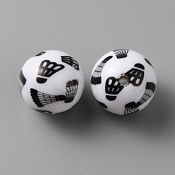 Sport Theme Opaque Resin Beads, Round with Black Badminton Pattern, White, 18mm, Hole: 2.4mm