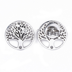 Stainless Steel Stud Earrings, with Cubic Zirconia, Flat Round with Tree of Life, Stainless Steel Color, 15x2mm, Pin: 0.8mm