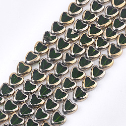Chapelets de perles en verre électroplaqué, bord plaqué, cœur, vert foncé, 10x10x4mm, Trou: 1mm, Environ 30 pcs/chapelet, 11.4 pouce