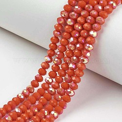 Electroplate opaco colore solido perle di vetro fili, mezzo arcobaleno placcato, sfaccettato, rondelle, arancio rosso, 4x3mm, Foro: 0.4 mm, circa 123~127pcs/filo, 16.5~16.9 pollice (42~43 cm)