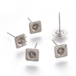 304 Stainless Steel Ear Stud Components, Square, Stainless Steel Color, 13mm, Square: 6x6x2mm, Tray: 3mm, Pin: 0.7mm