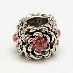Antique Silver Zinc Alloy Rhinestone European Beads, Rondelle with Flower, Rose, 9x12mm, Hole: 5mm