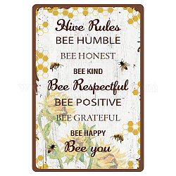 Affiche de signe de fer blanc, vertical, pour la décoration murale de la maison, rectangle avec le mot règles de la ruche, motif d'abeilles, 300x200x0.5mm