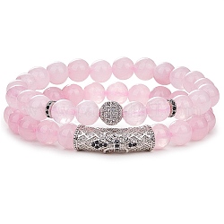 Set di braccialetti elasticizzati in quarzo rosa naturale da 2 pezzo, braccialetti di pietre preziose con perline a tubo di zirconi cubici per donna, diametro interno: 2 pollice (2-1/8 cm), 5.5pc / style