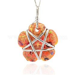 Handmade Foil Glass Big Pendants, Gold Sand and Millefiori, with Platinum Tone Brass Findings, Flower Necklace Big Pendants, Orange Red, 64x46x16mm, Hole: 4x5mm