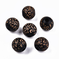 Perles de bois naturel peintes, motif gravé au laser, rond avec imprimé léopard, noir, 15~16x15mm, Trou: 4mm