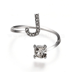 Alloy Cuff Rings, Open Rings, with Crystal Rhinestone, Platinum, Letter.J, US Size 7 1/4(17.5mm)