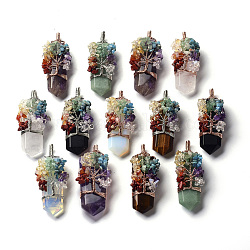 Edelstein Perlen Anhänger, mit gemischten Edelstein-Chip-Perlen, Messingdraht aus Platin und Roségold, 66~71x28~30x17~19 mm, Bohrung: 10x7 mm